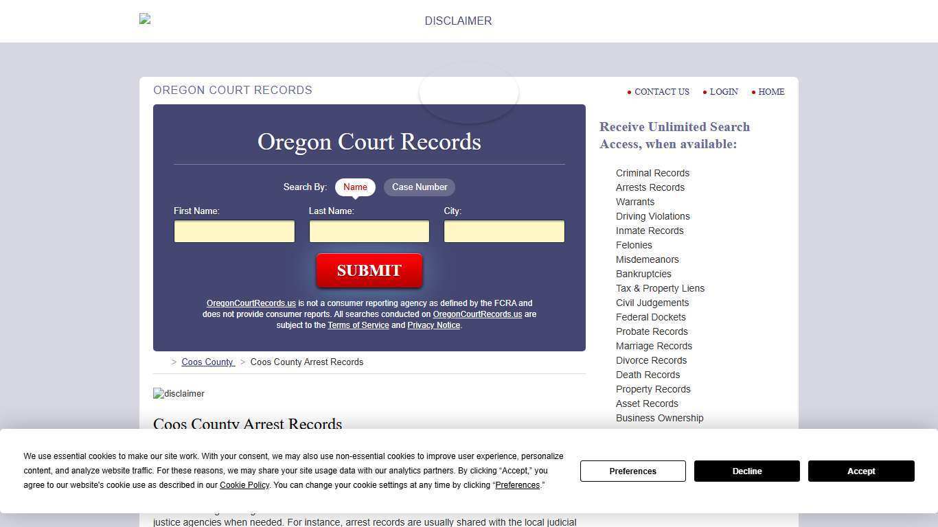 Coos County Arrest Records | OregonCourtRecords.us