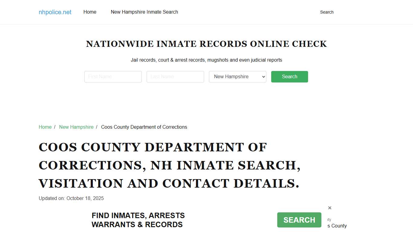 Coos County Department of Corrections, NH Offender Search, Contacts.